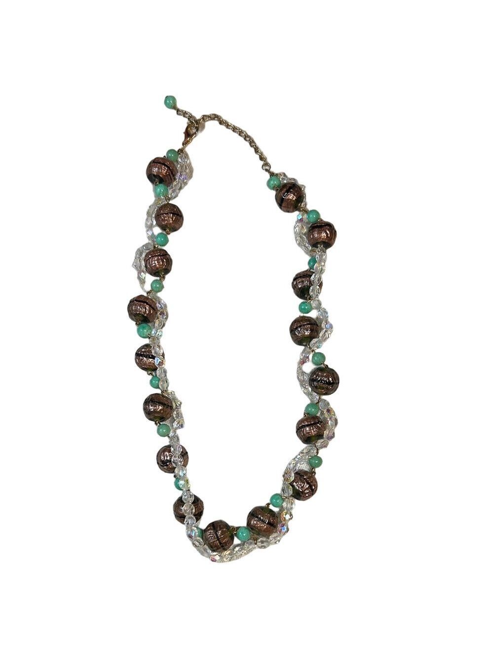 Beautiful bronze, clear, crystal and turquoise beaded necklace